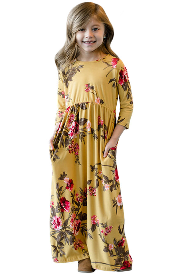 Mustard Floral Maxi Dress for Girls
