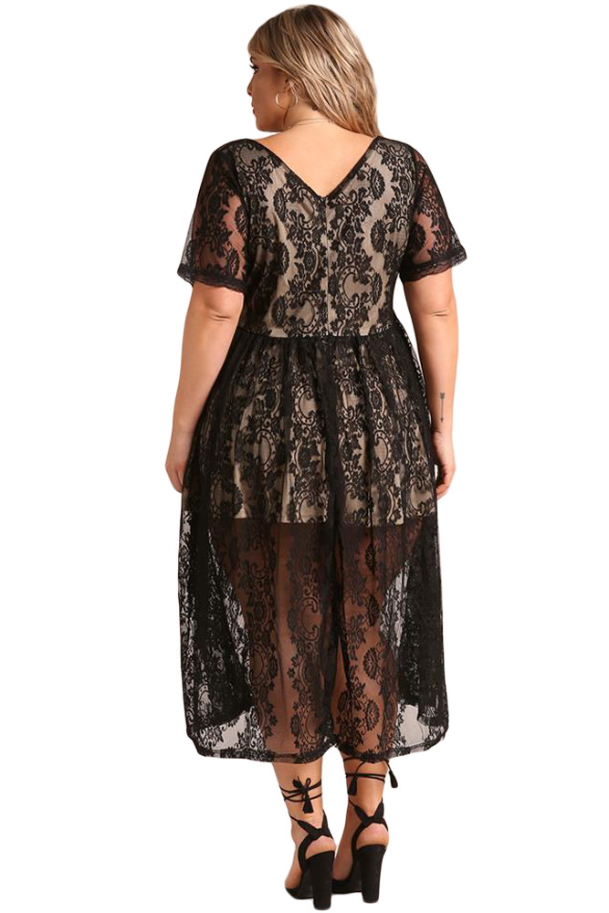 Black Plus Size Floral Lace Flared Midi Dress