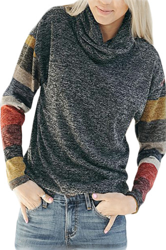 Color Blocked Long Sleeve Charcoal Cowl Neck Sweatshirt