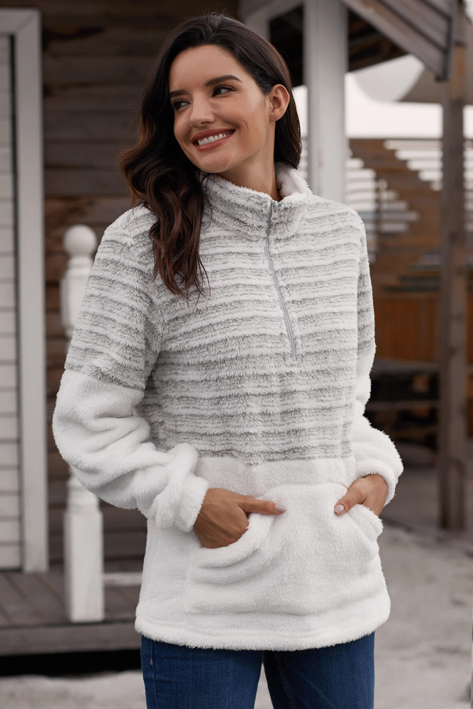 Gray Fuzzy Striped Furry Sweatshirt