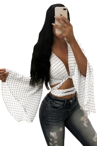 White Polka Dot Flare Sleeve Blouse