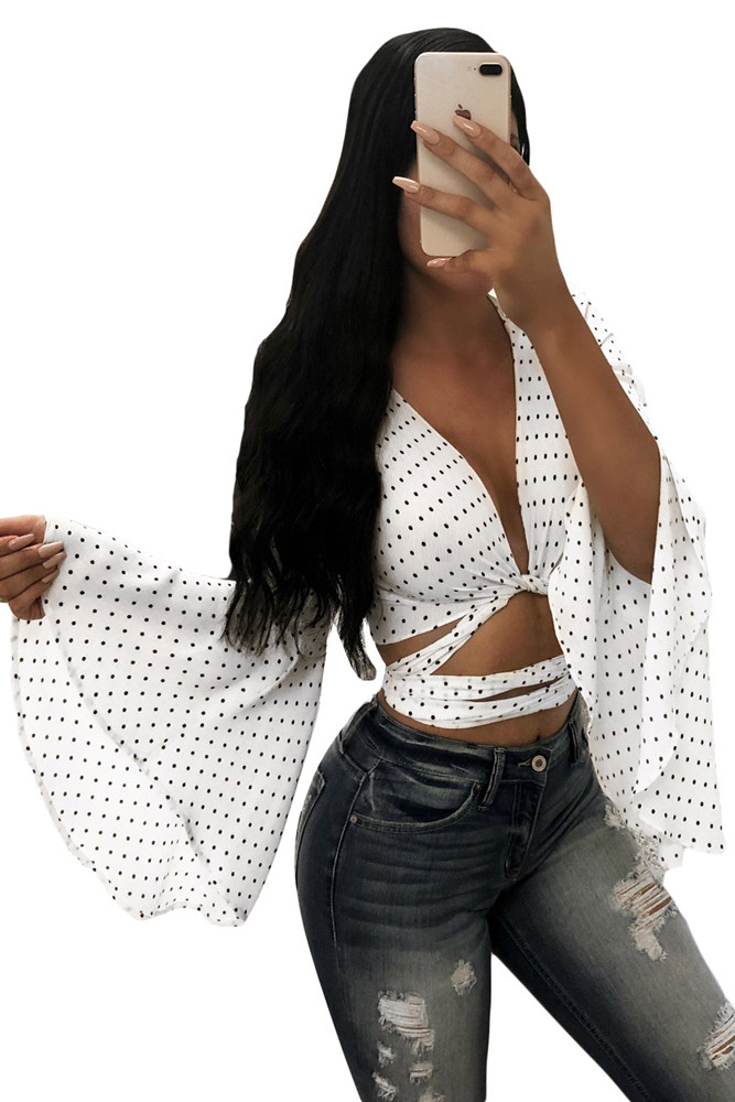 White Polka Dot Flare Sleeve Blouse