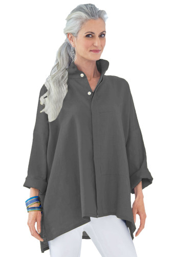 Gray Stand Collar Button Front Blouse