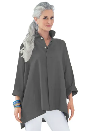 Gray Stand Collar Button Front Blouse