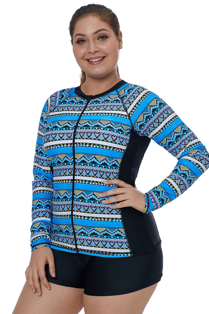 Blue Tribal Geometry Front Zip Rashguard Top