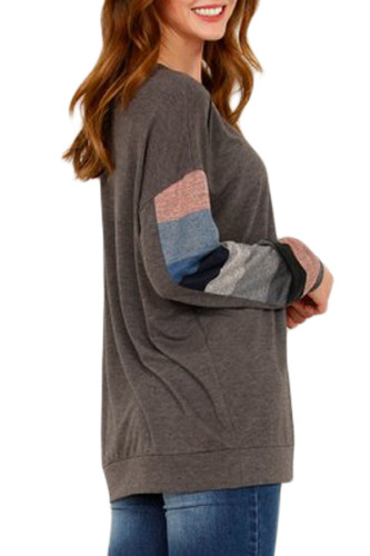 Multicolor Striped Contrast Sleeve Brown Sweatshirt