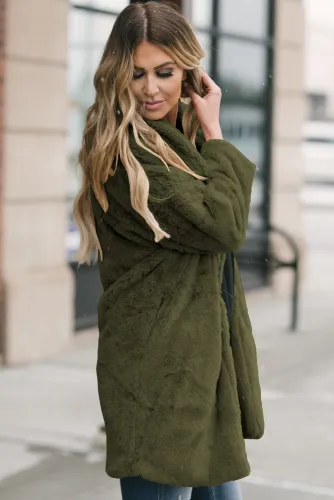 Green Pocketed Faux Fur Longline Coat