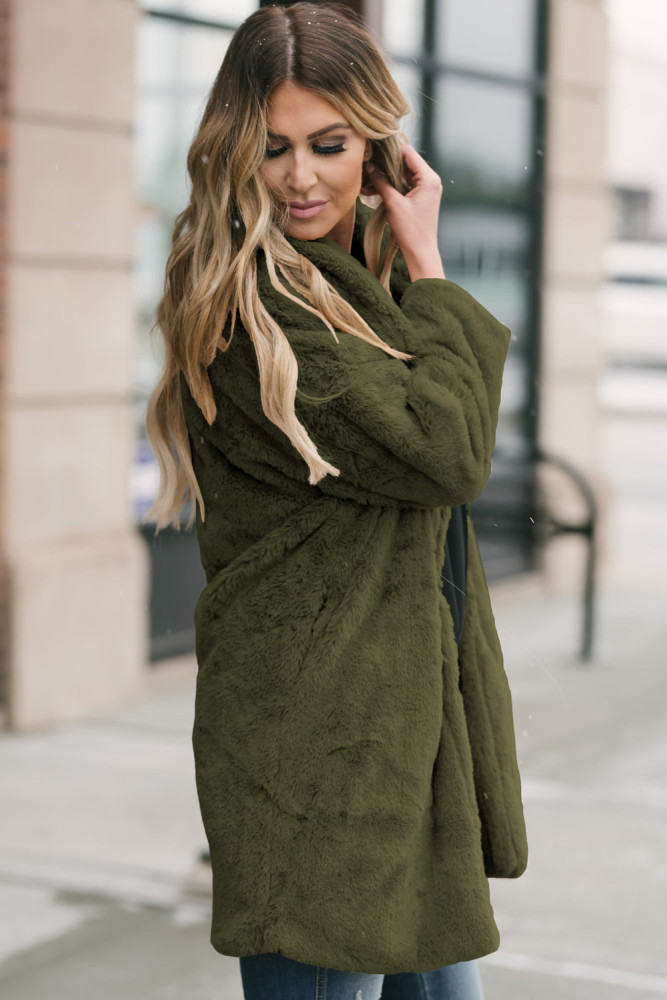 Green Pocketed Faux Fur Longline Coat