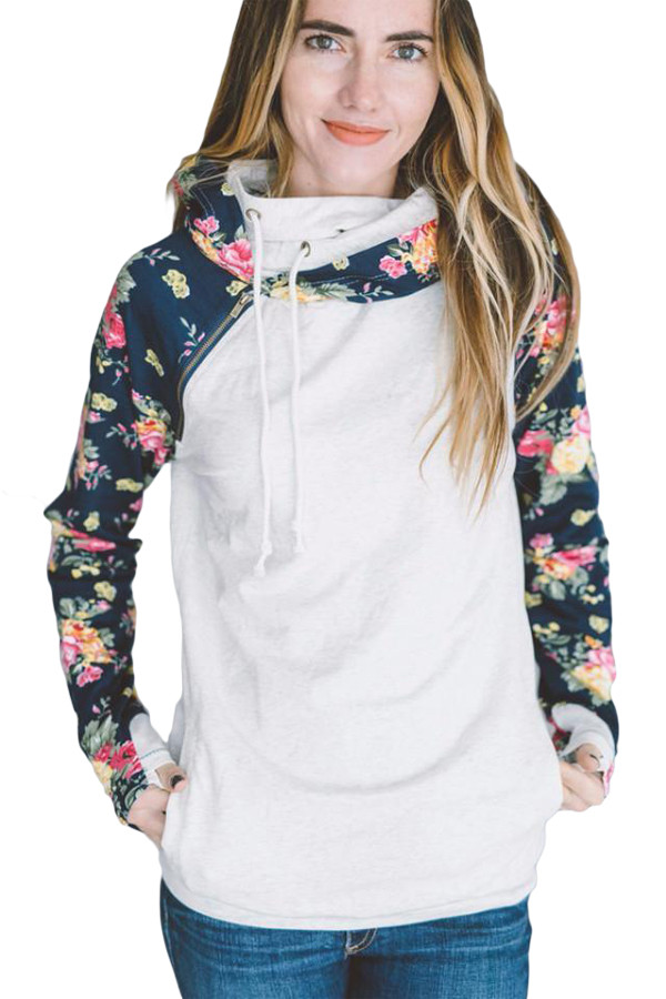Floral Splice White Drawstring Hoodie