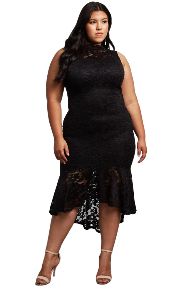 Black Lace High Low Plus Size Party Dress