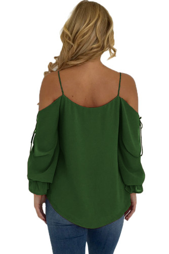 Army Green Spaghetti Strap Cold Shoulder Long Sleeve Top