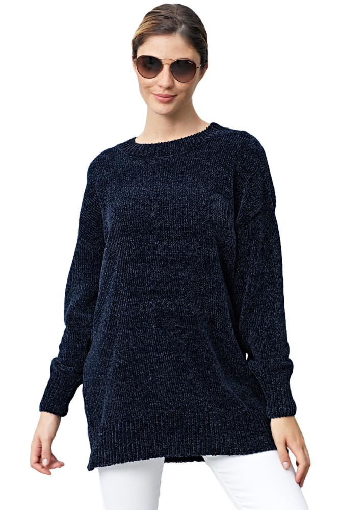 Navy Blue Cozy Scoop Neck Velvet Sweater