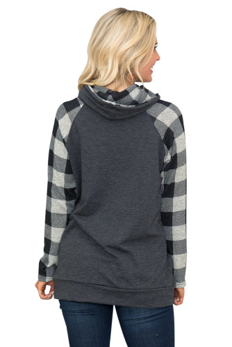 Plaid Sleeve and Cowl Neck Gray Drawstring Sweatshirt