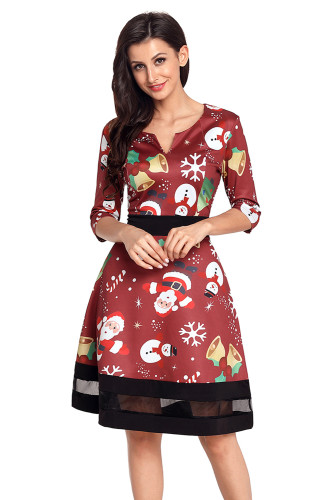 Jolly Christmas Cartoon Print Wine A-line Dress