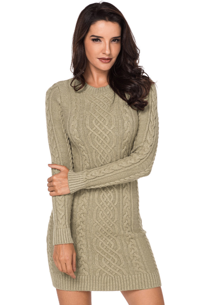 Khaki Slouchy Cable Sweater Dress