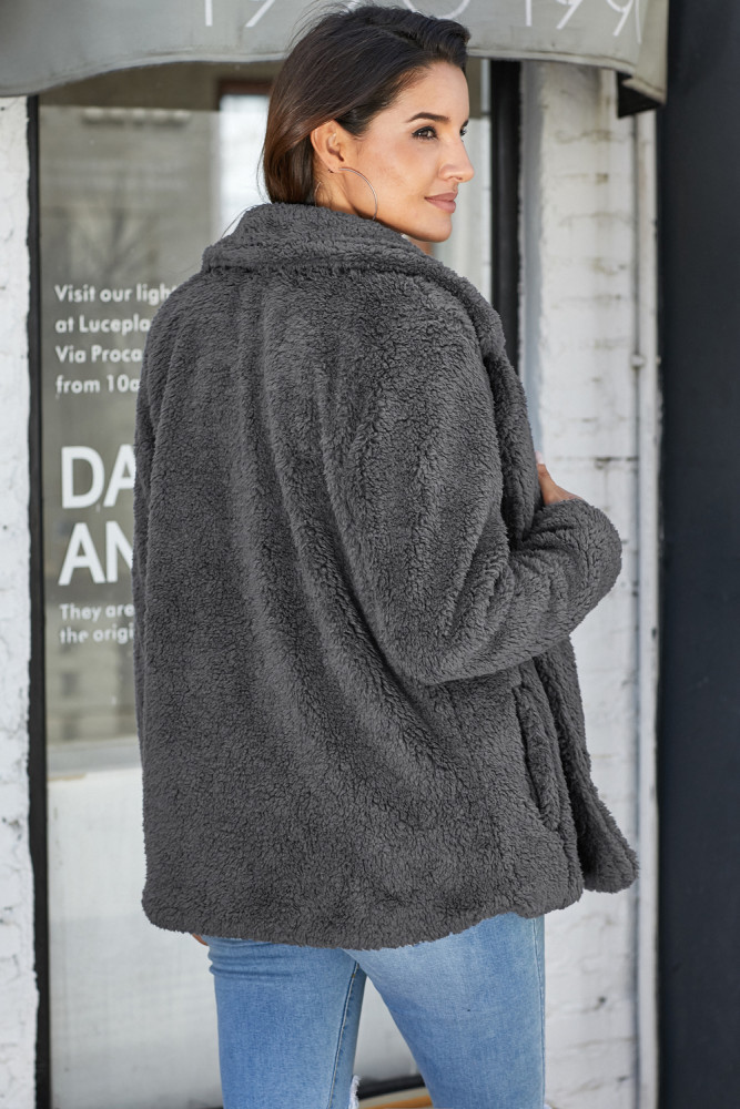 Charcoal Fleece Open Front Coat with Pockets