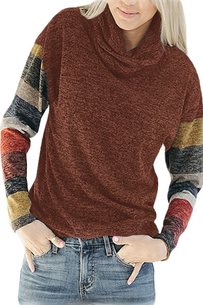 Color Blocked Long Sleeve Burgundy Cowl Neck Sweatshirt