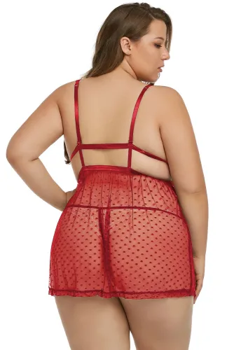Red Plus Size Dot Mesh Lace Babydoll Set