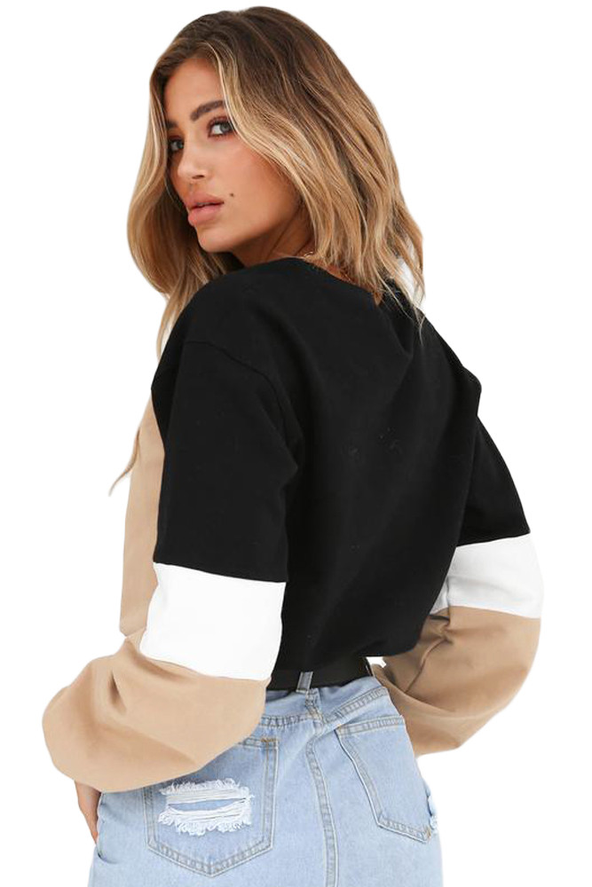 Khaki Black Drawstring Cropped Colorblock Sweatshirt