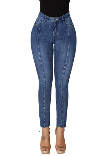 Retro Blue Designful Seam Accent Raw Hem Jeans