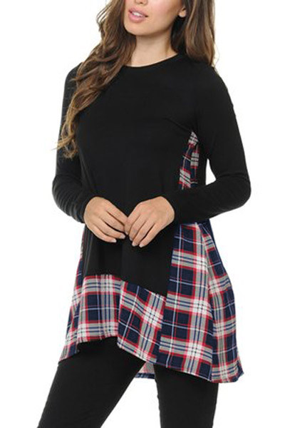 Black Plaid Patchwork Long Sleeve Tunic Top