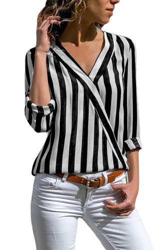 Black White Stripe Long Sleeve V Neck Shirt