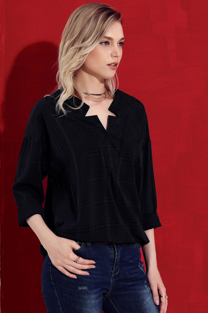 Blue Crepe Plaid Notched Neckline Blouse