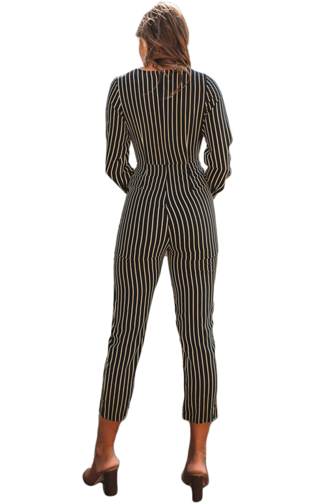 Black Striped Wrap V Neck Long Sleeve Jumpsuit