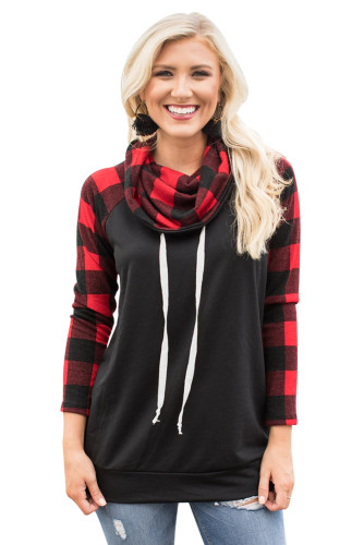 Plaid Sleeve and Cowl Neck Black Drawstring Sweatshirt