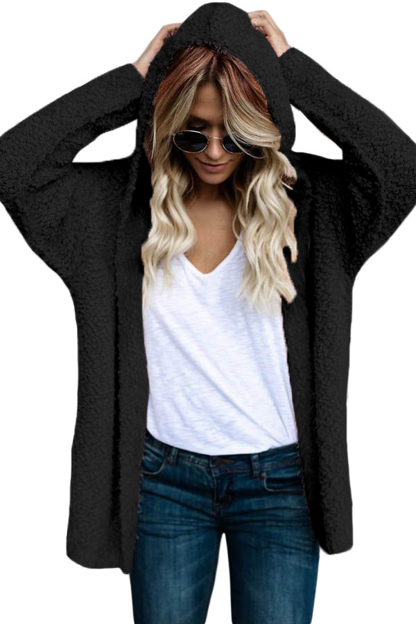 Black Fluffy Hooded Open Front Cardigan