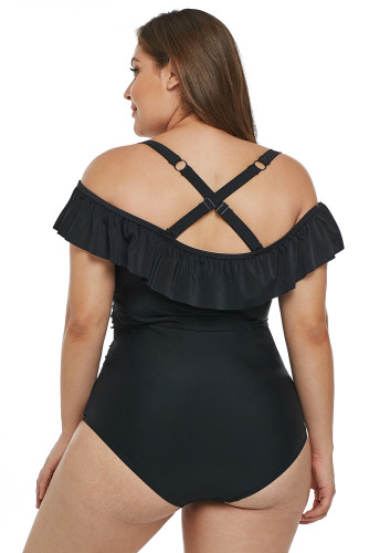Black Ruched Ruffle Plus Size One Piece Swimsuit