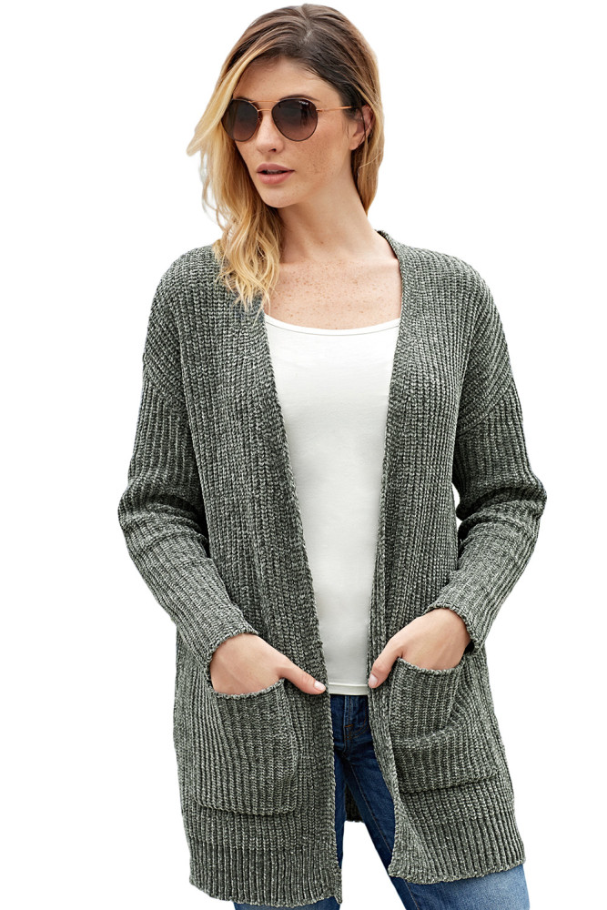 Grey Long Sleeved Sweater Cardigan with Pockets