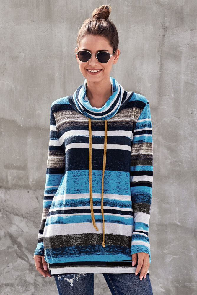 Blue Multicolor Cowl Neck Striped Long Sleeve Sweatshirt