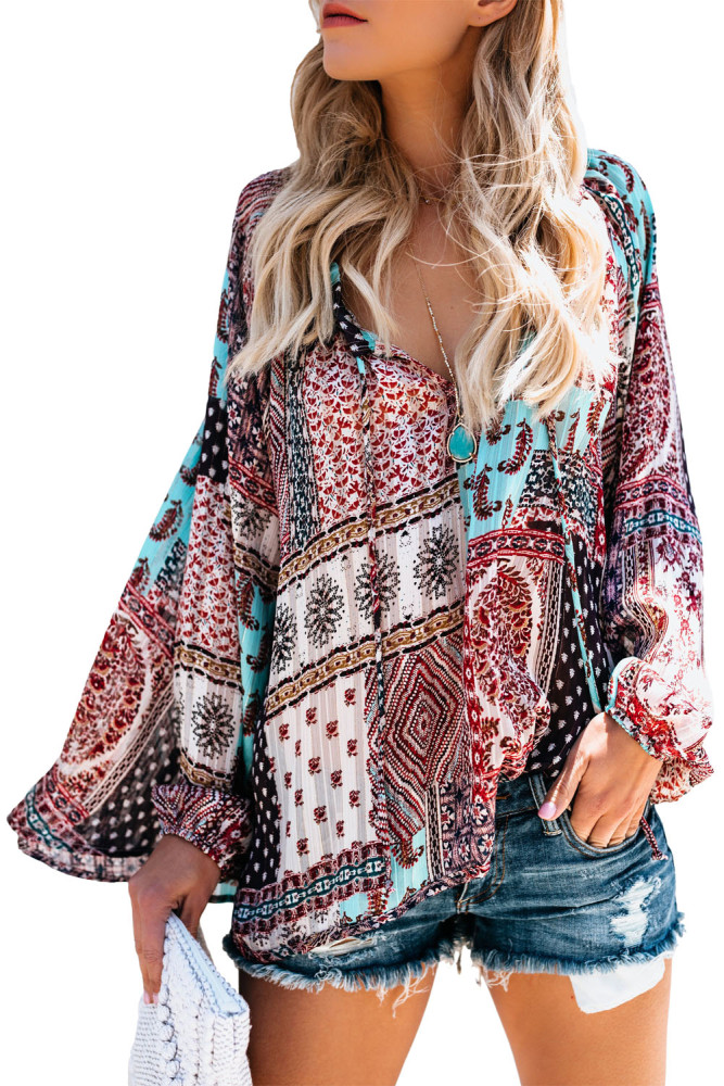 Dark Gypsy Print Tassel Tie V Neck Blouse