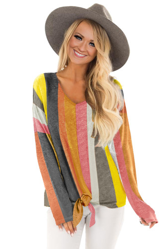 Yellowish Multi Striped Tie Front Long Sleeve Top