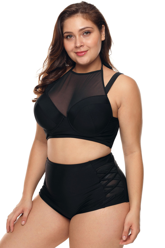Black Plus Size Halter Push up Lattice Mesh Swim Bikini