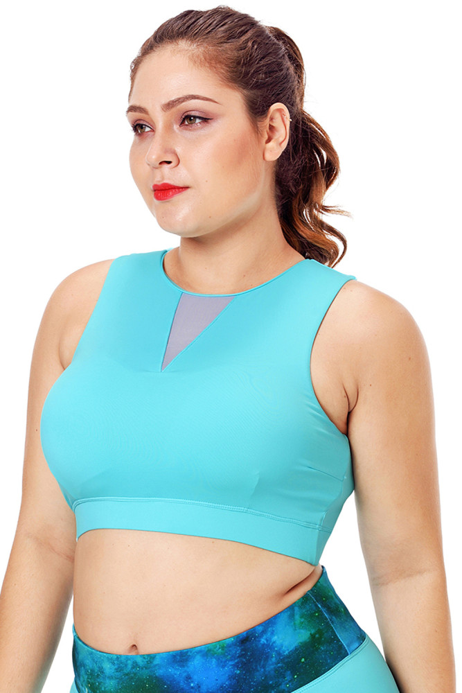 Light Blue Mesh Insert High Neck Plus Size Sport Bra