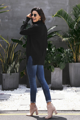 Black Turn-up Sleeve Turtle Neck Sweater