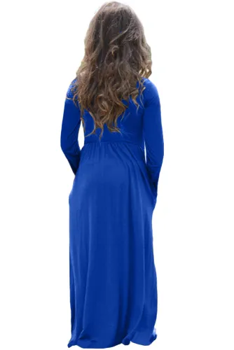Royal Blue Long Sleeve Pocket Design Girls Maxi Dress