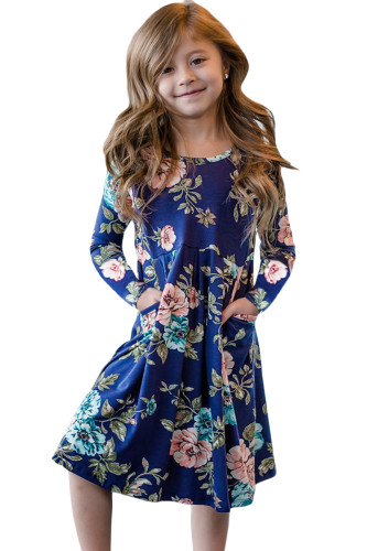 Floral Blue Swing Dress with Hidden Pockets