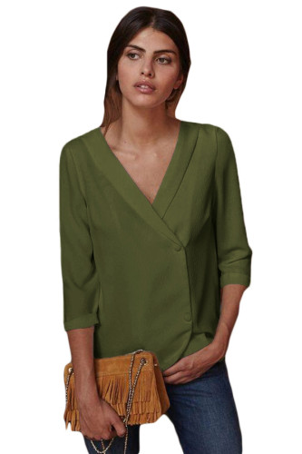 Army Green Button Back Lapel V Neck Blouse