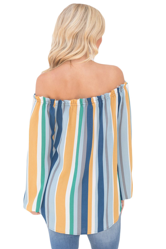 Blue Multicolor Striped Off Shoulder Blouse