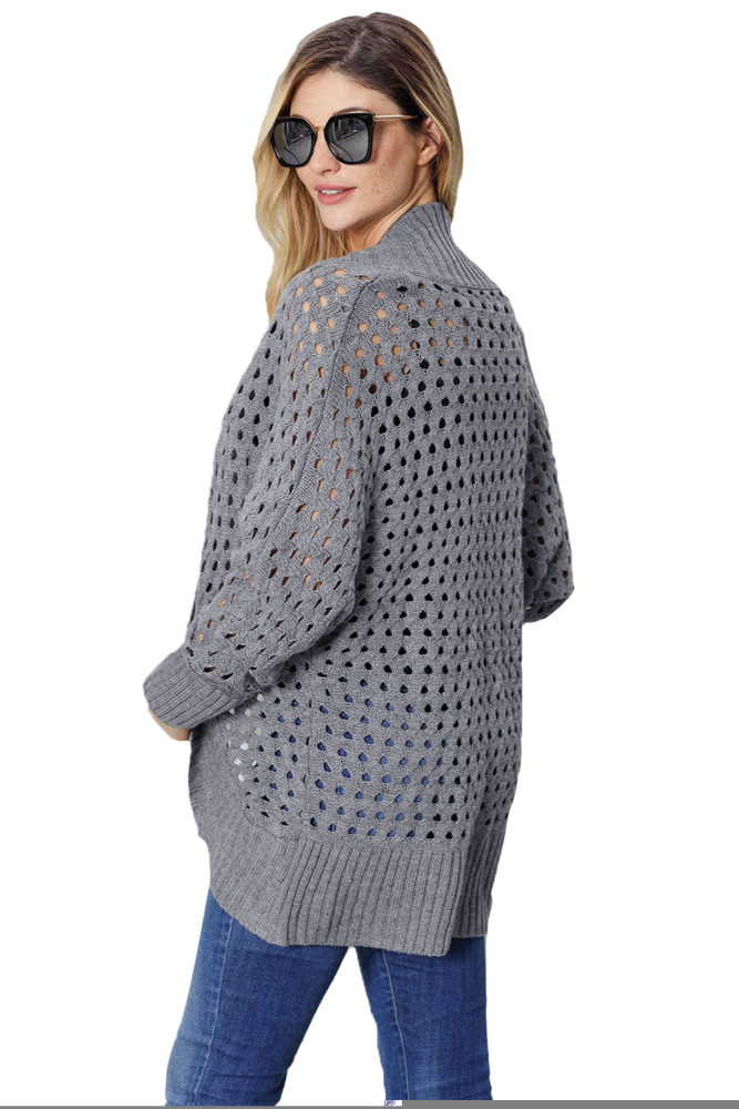 Grey Hollow Out Knit Long Sleeves Cardigan