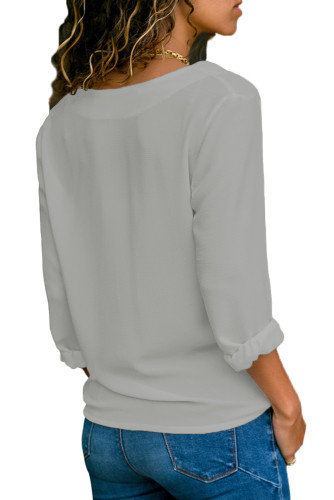 Grey Lapel V Neck Button Down Blouse