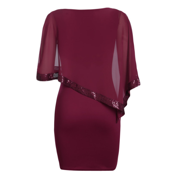 Burgundy Sequined Poncho Mini Dress