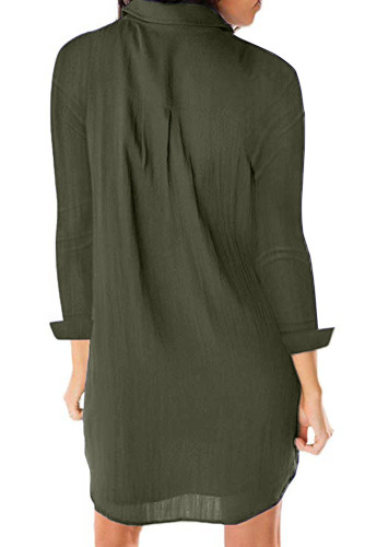 Army Green Long Sleeve Button Down Crepe Shirt Dress