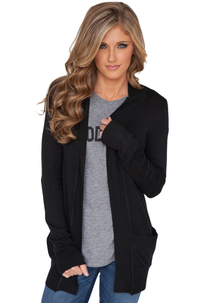 Black Knit Long Sleeve Cardigan Top with Pockets