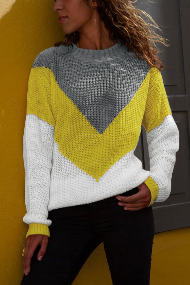 Yellow Chevron Accent Grey White Sweater