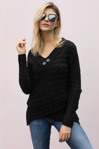 Black Buttoned Sweetheart Neck Cable Knit Sweater