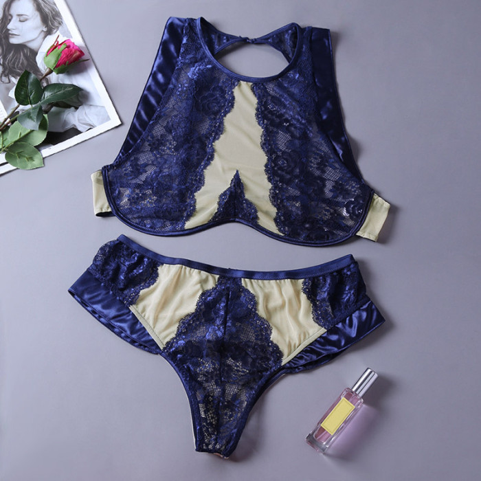 Blue Sheer Lace Mesh Cutout 2pcs Lingerie Set